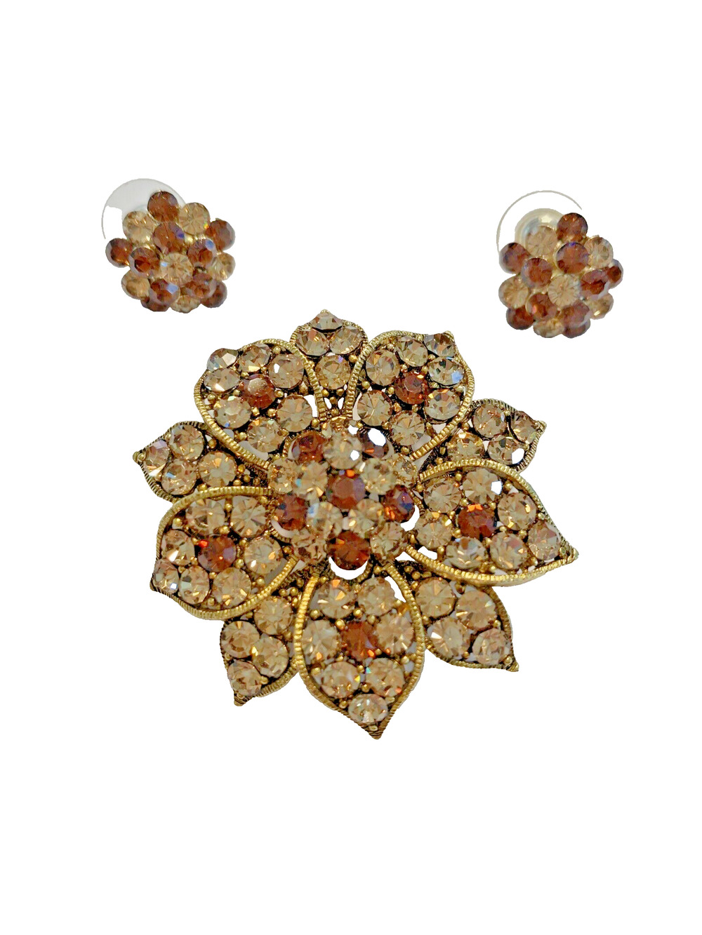 Vintage Rhinestone Jewelry Set Brooch Pierced Earrings Gold Copper White Flower